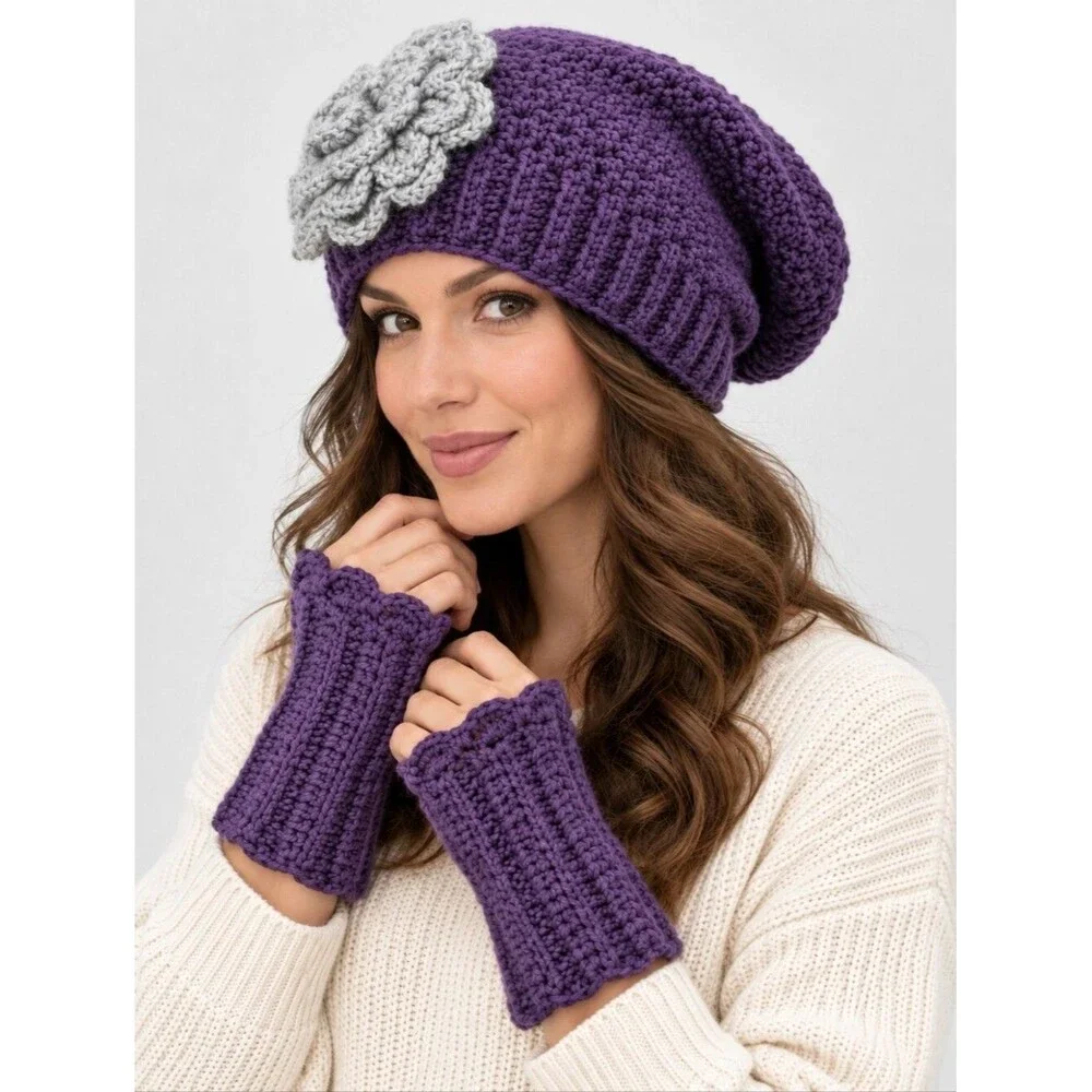 NWOT Handmade Women's Purple Knit Beanie Hat & Wrist Warmers Set, Gray Flower